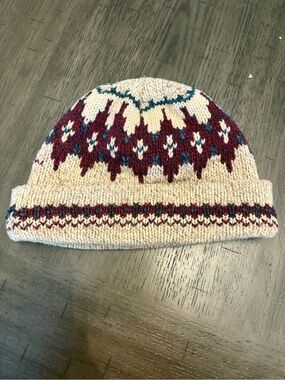 Cream Wool Knit Beanie with Burgundy & Teal Fair Isle Pattern